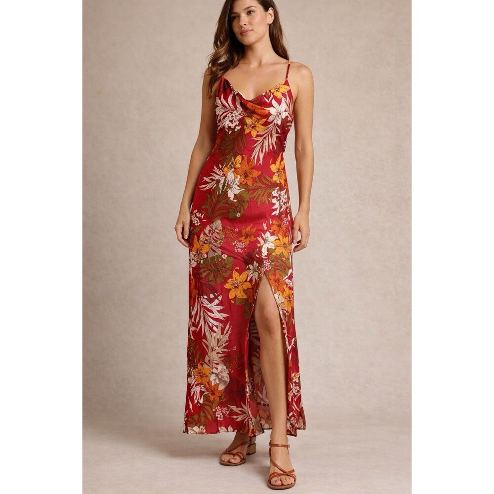 Paper Heart Tropical Floral Dress Women Sz S Slip Maxi Spaghetti Strap Cowl Neck